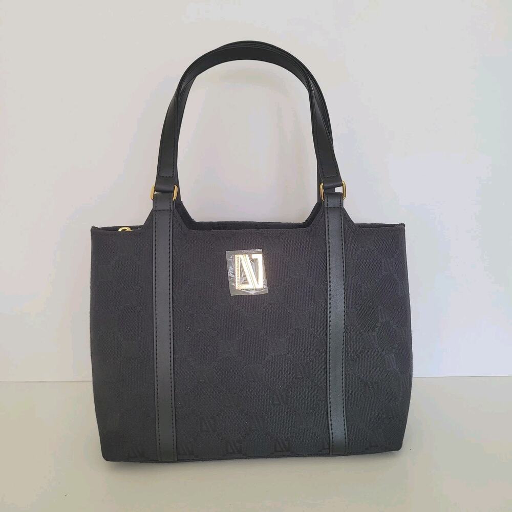 DIANA VALENTINO Handbag Tote Bag Black Canvas Monogramed Medium Vintage New Purs